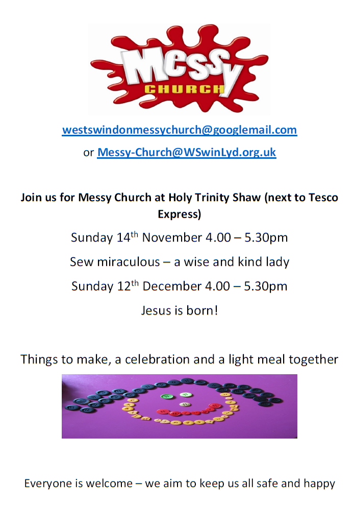 Messy Church invitation Sun 14 Nov and Sun 12 Dec. 4 till 5:30pm